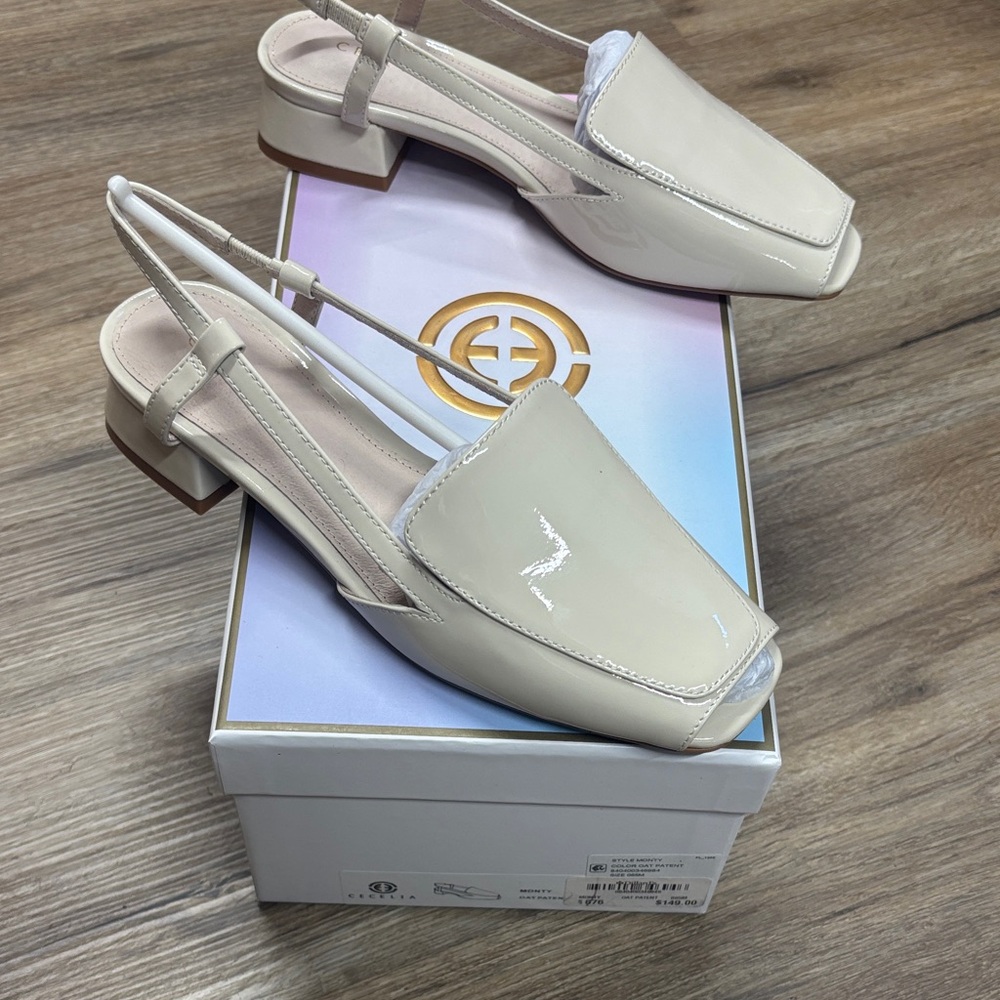 FLASH SALE Cecelia Patent Slingback Block Heel Pumps - Cream